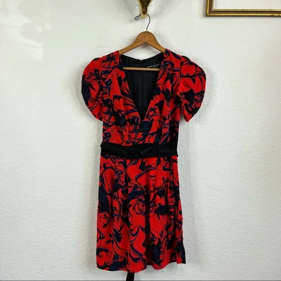 Twinkle by Wenlan Red Silk Floral Ruched Tie V Neck Dress - Picture 1 of 9